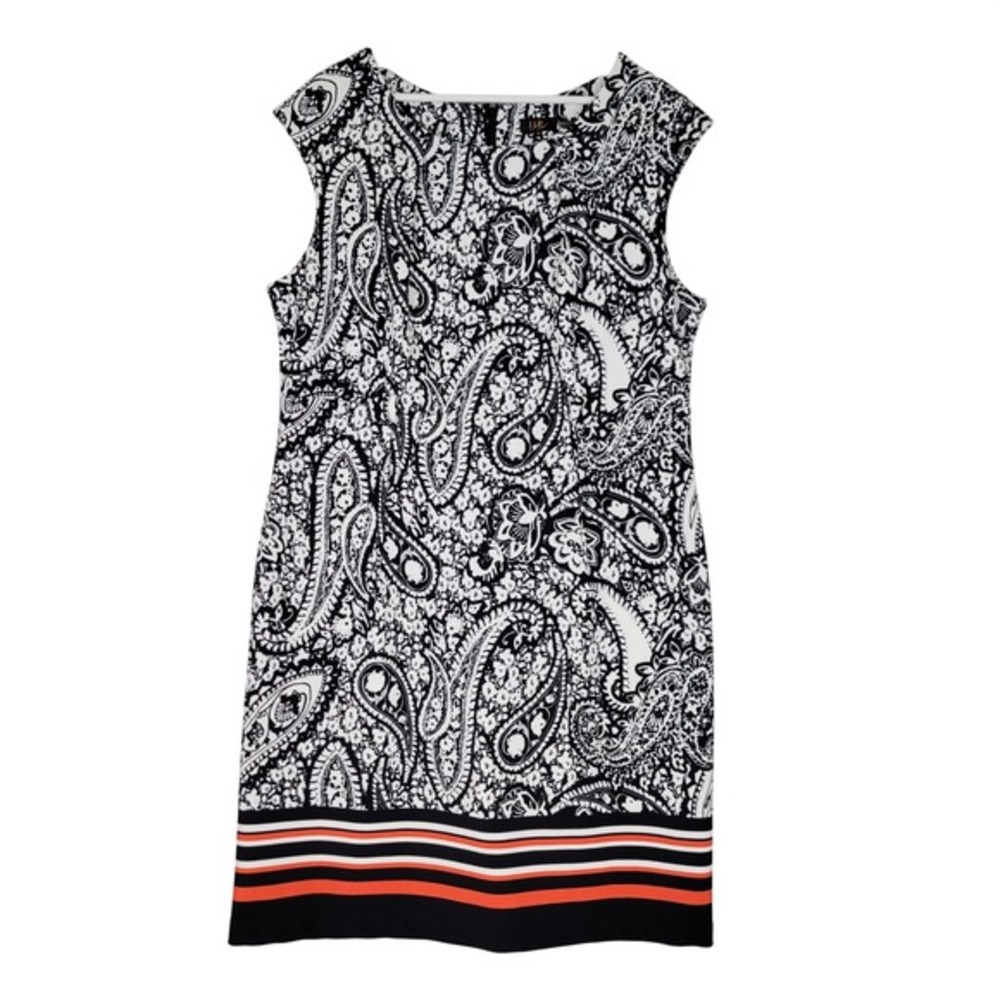 ILE New York Paisley Shift Dress Womens‎ 16 Black White Orange Striped Hem Pique